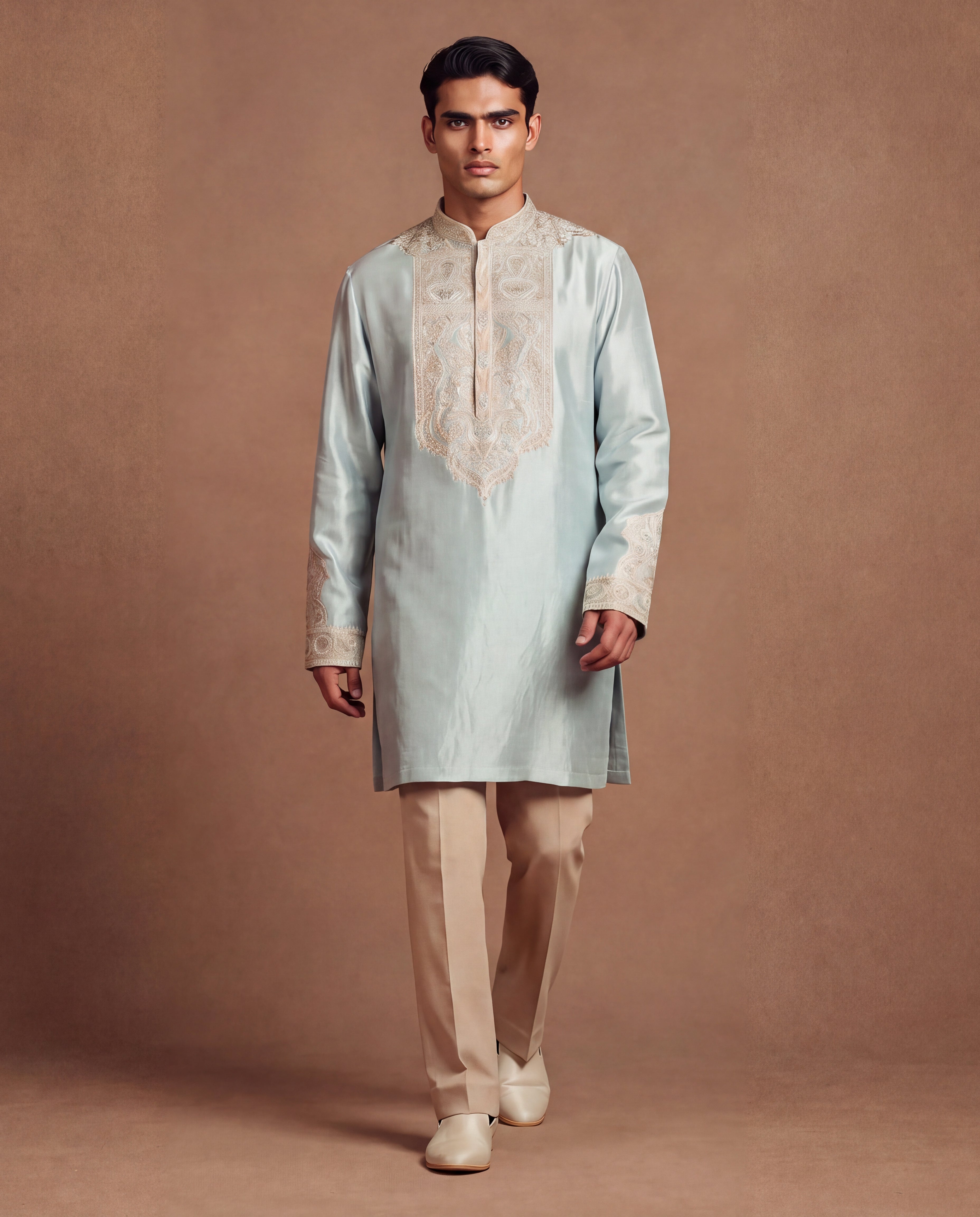 Cerulean Embroidered Silk Kurta & Pant Set