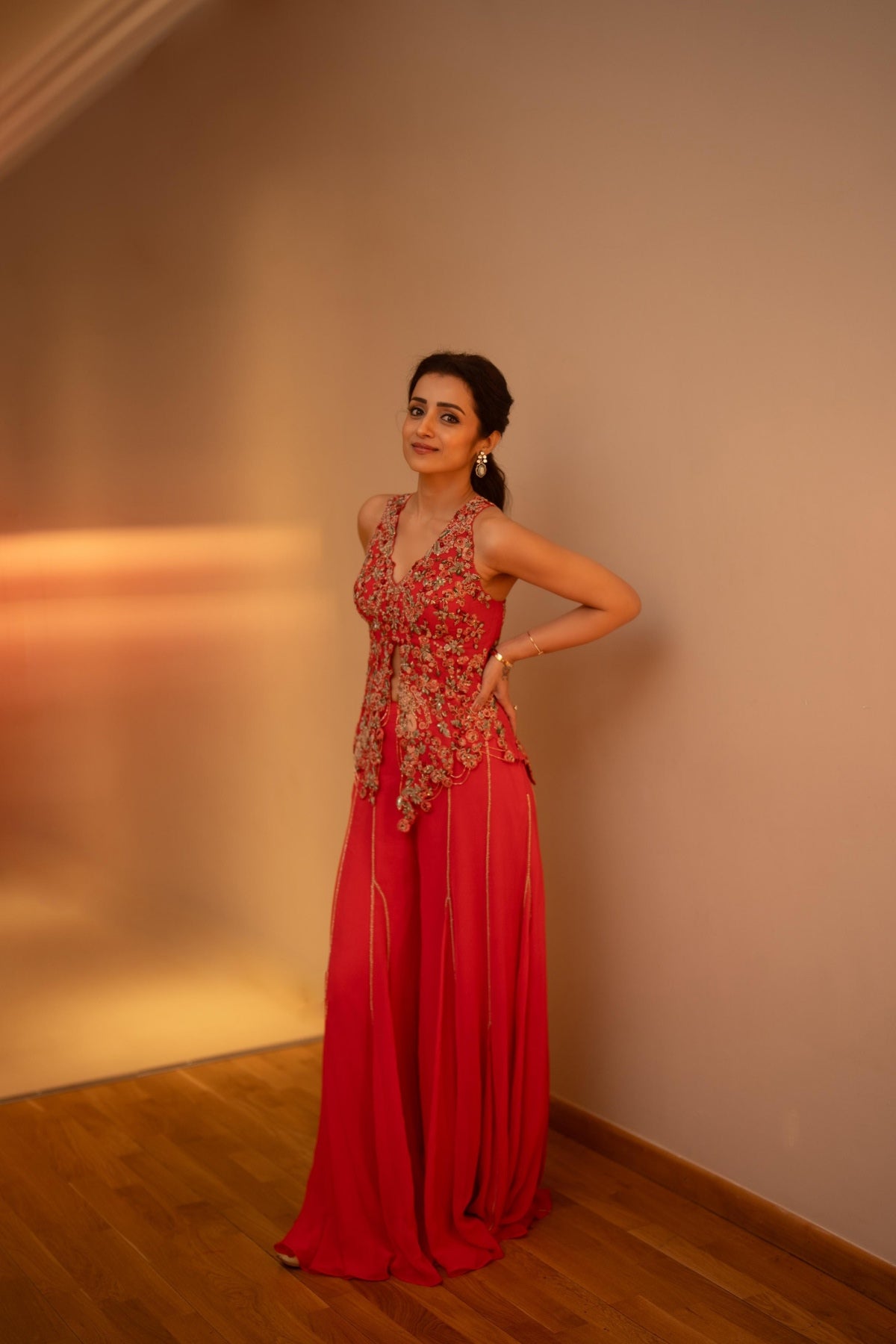 Trisha Krishnan in "humaira" Chiffon Jacket and Sharara Set