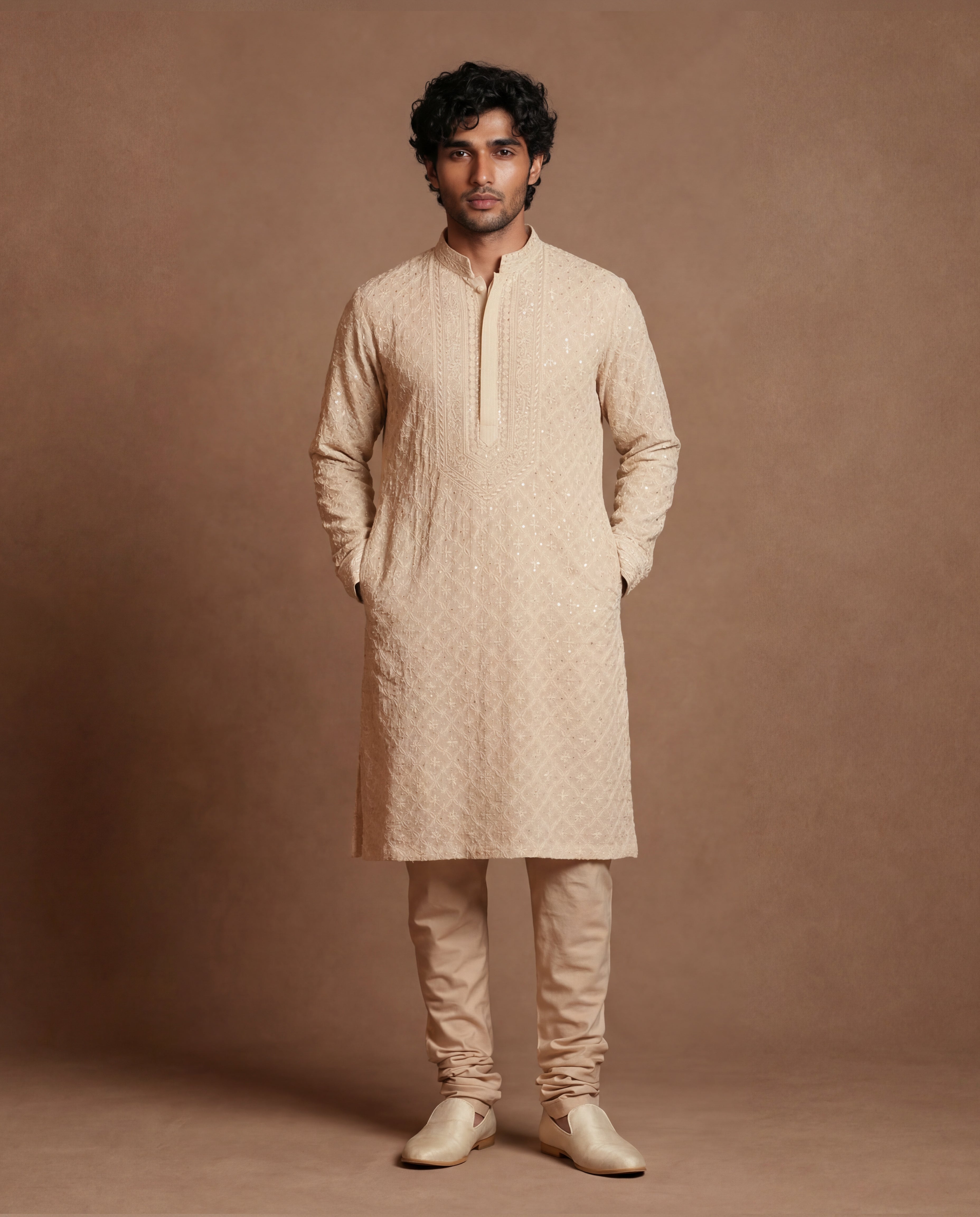 Pearl White Chikankari & Mirror Kurta Set