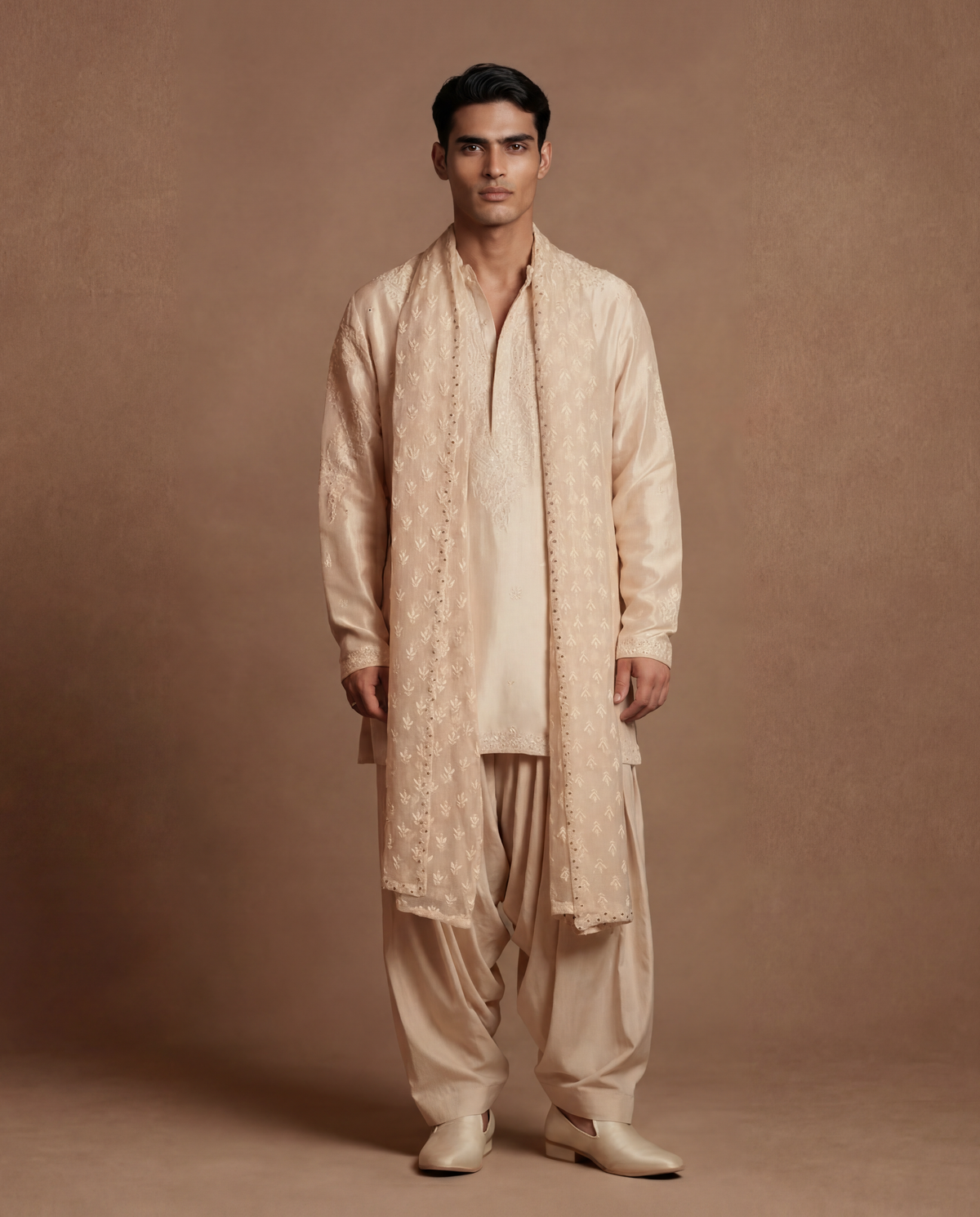 Opulent Alabaster Silk Kurta Set with Organza Stole