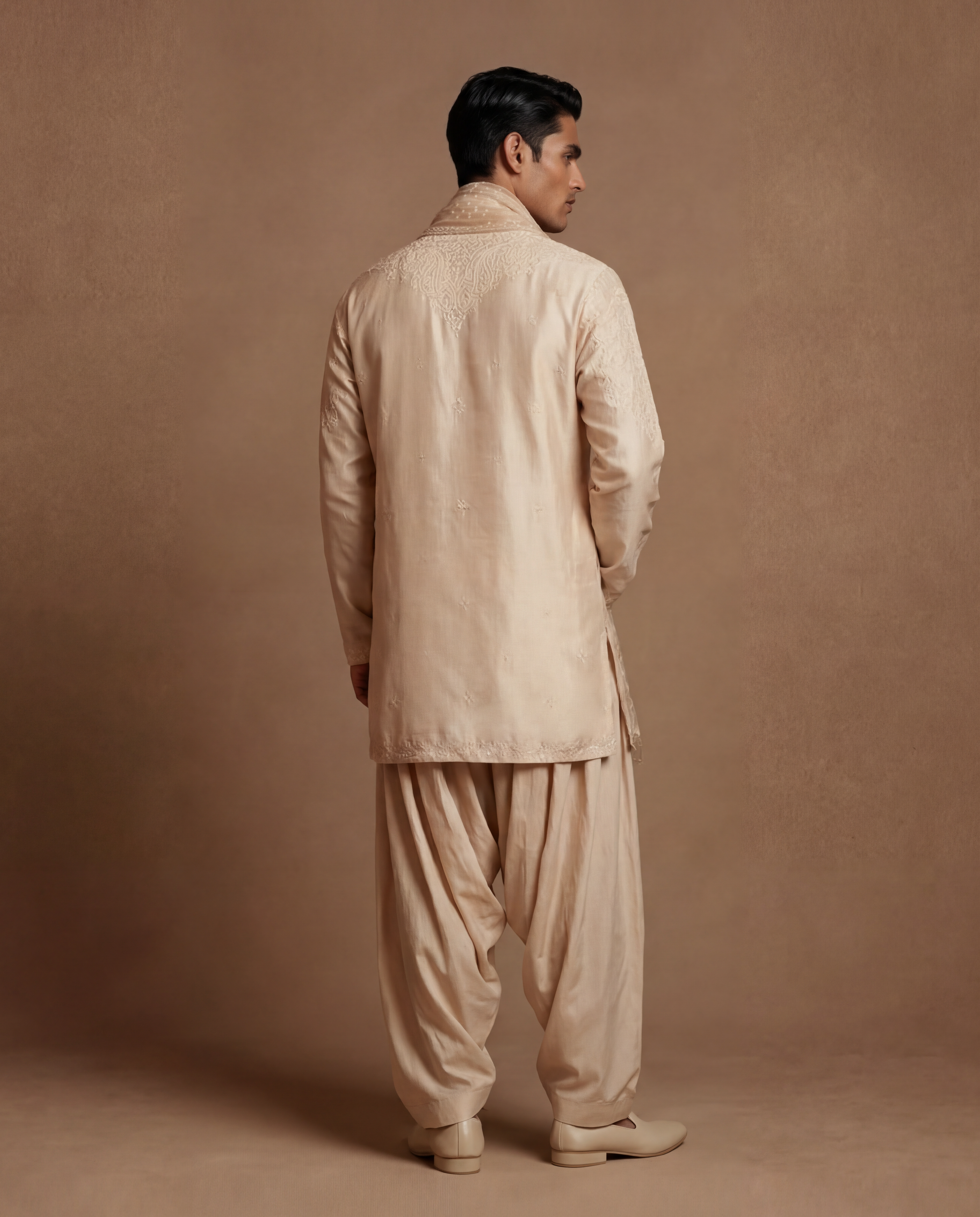 Opulent Alabaster Silk Kurta Set with Organza Stole