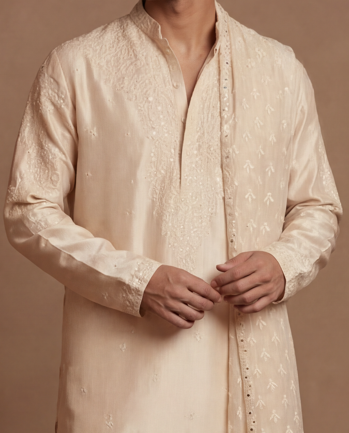 Opulent Alabaster Silk Kurta Set with Organza Stole