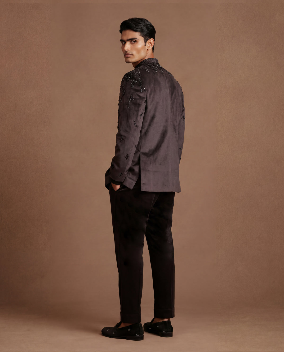 Plum Cascade Open Jacket, Shirt & Pant Set