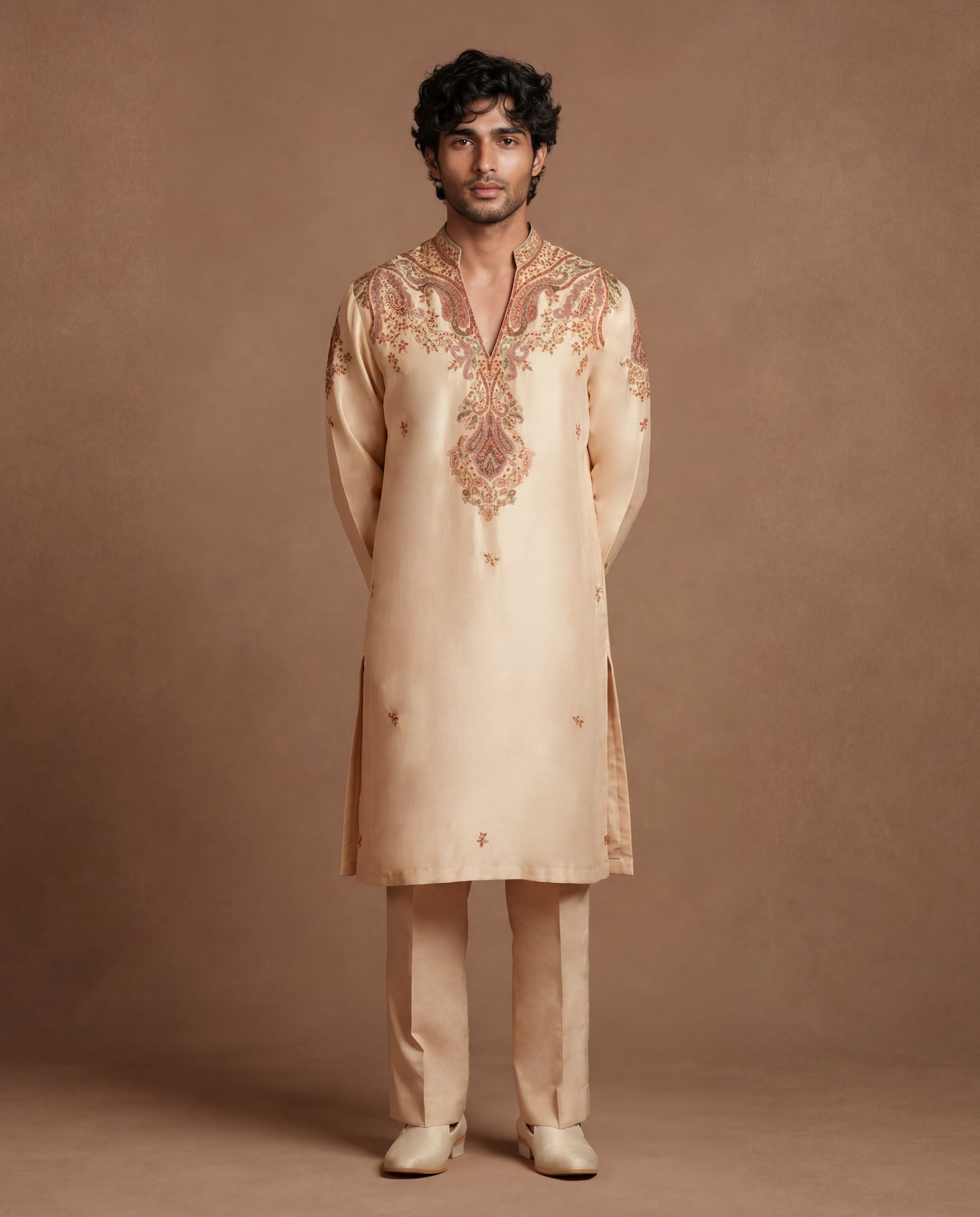 Bisque Hand Embroidered Silk Kurta Set