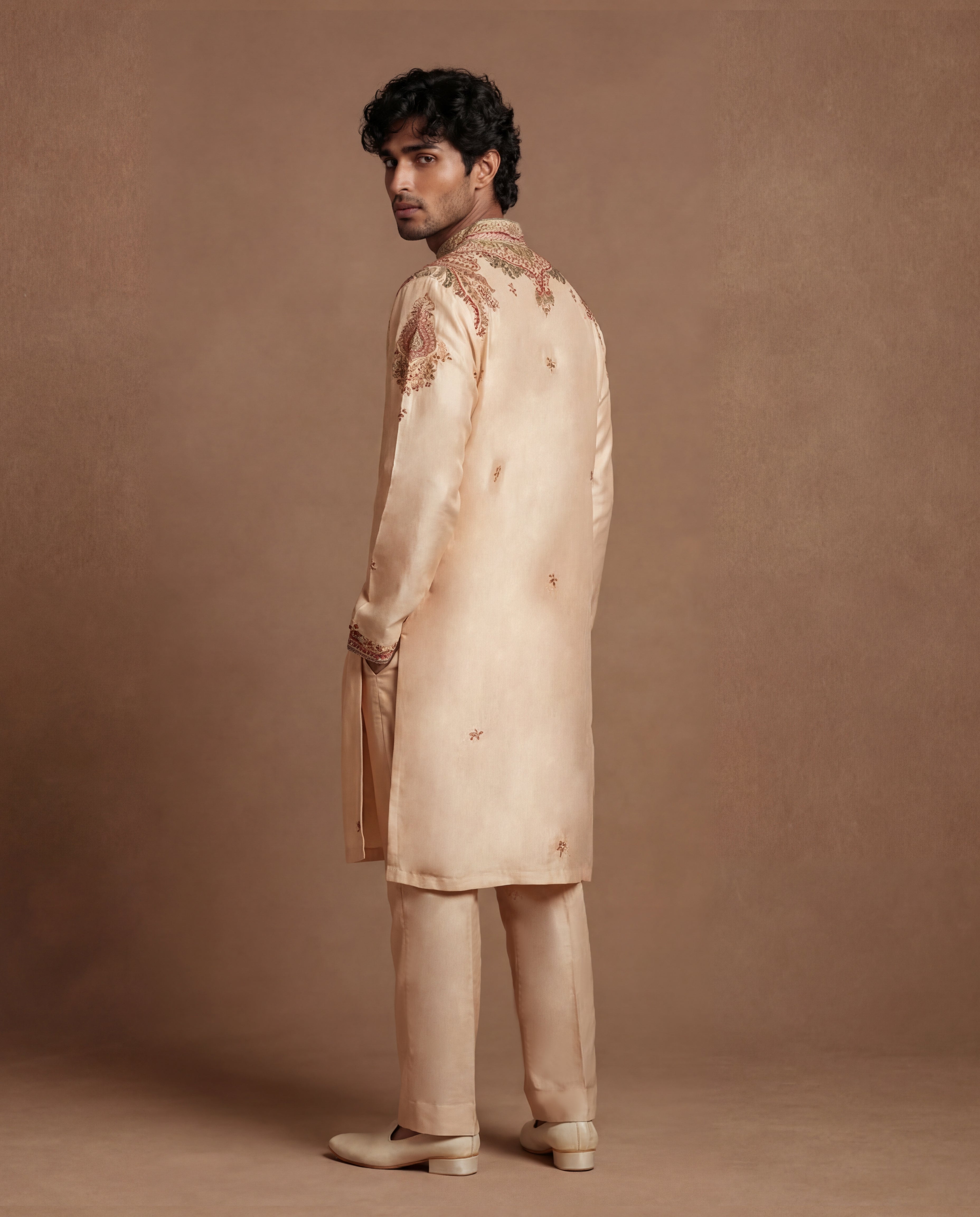 Bisque Hand Embroidered Silk Kurta Set