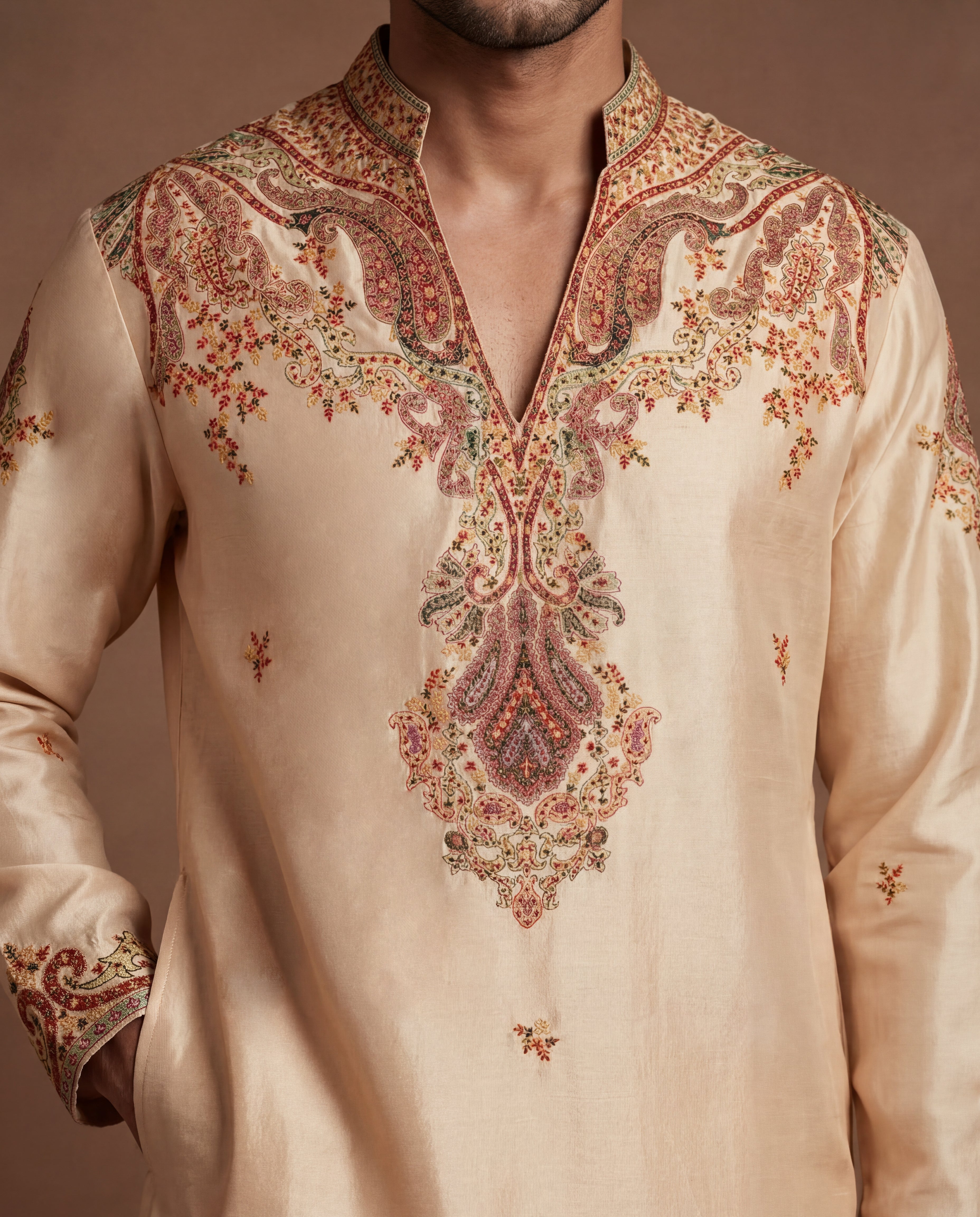 Bisque Hand Embroidered Silk Kurta Set