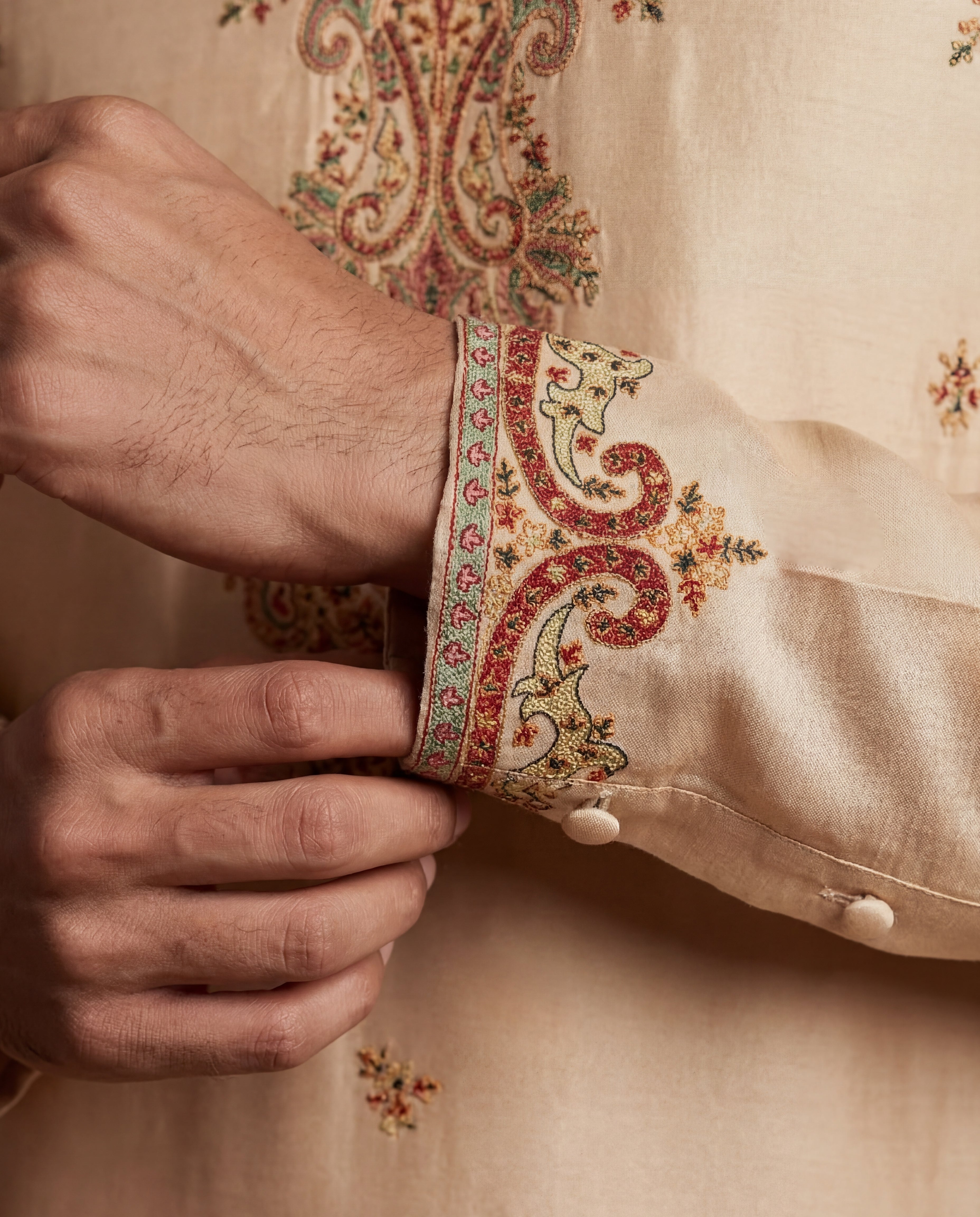 Bisque Hand Embroidered Silk Kurta Set