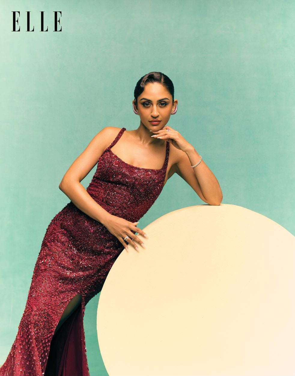 Krystle D'Souza in Wine Celestia Sequin Gown