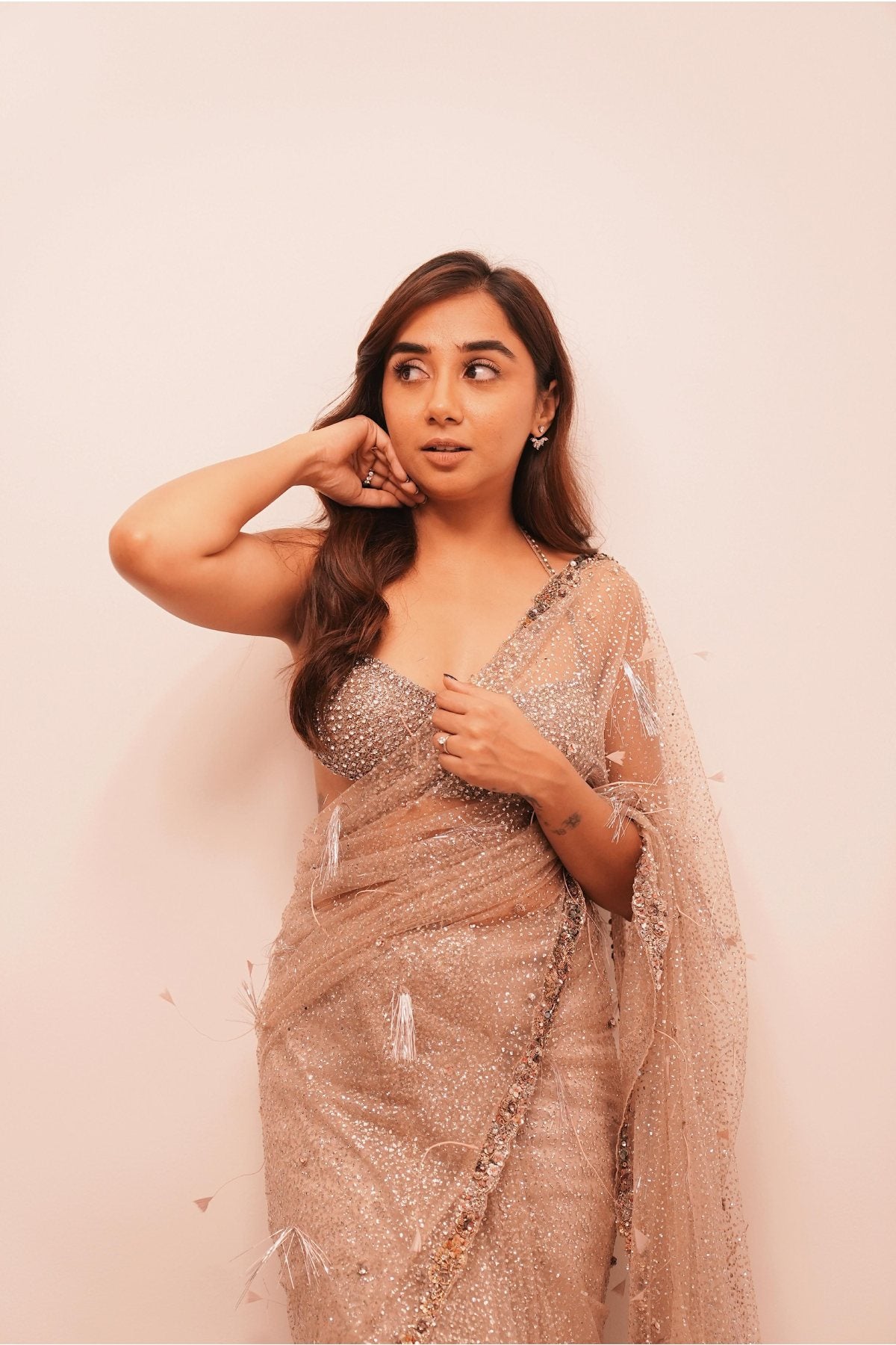 Prajakta kohli in "Arete" Dusty Ivory Shimmer Tulle Bridal Sari