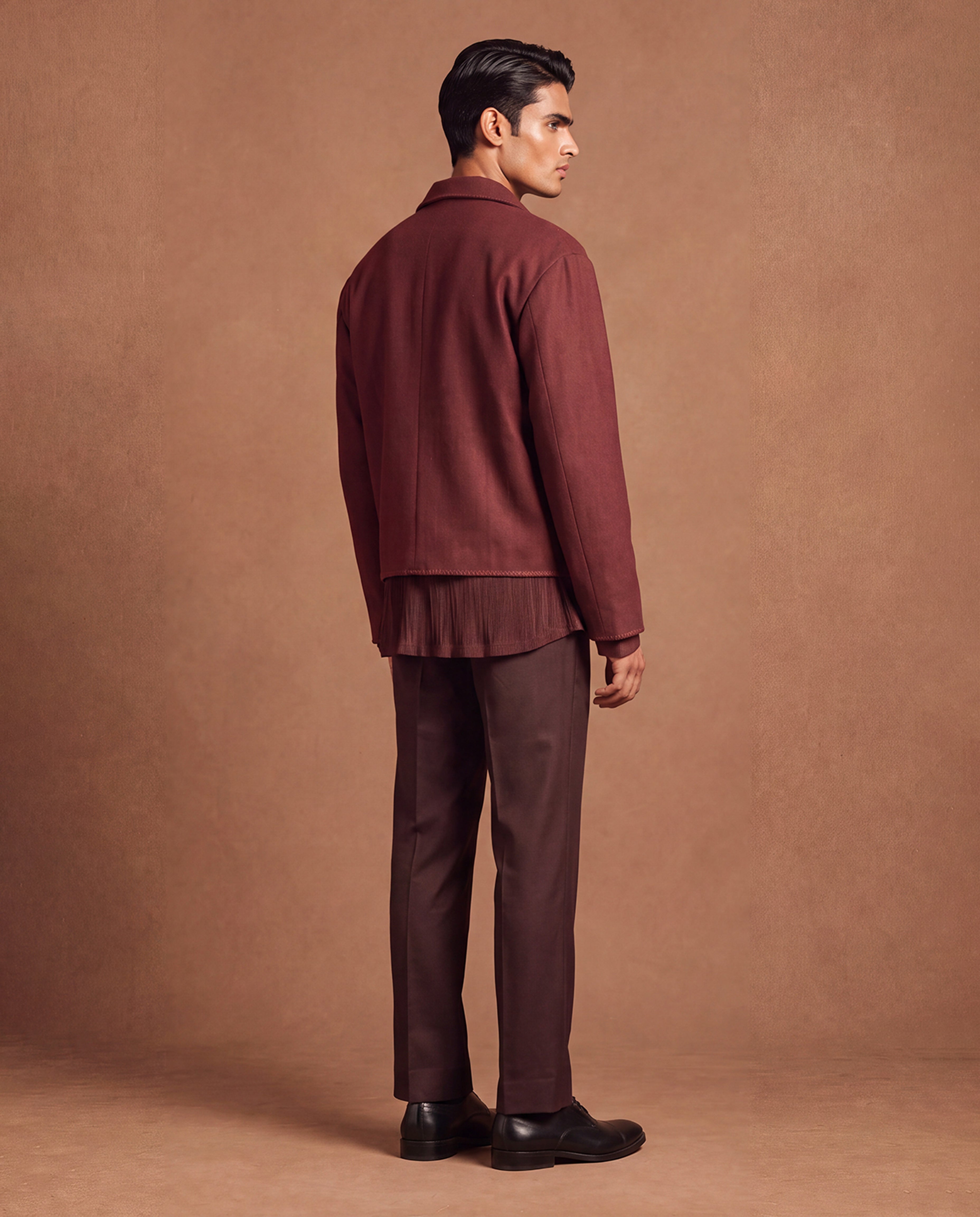 Burgundy Noir Open Jacket, Shirt & Pant Set