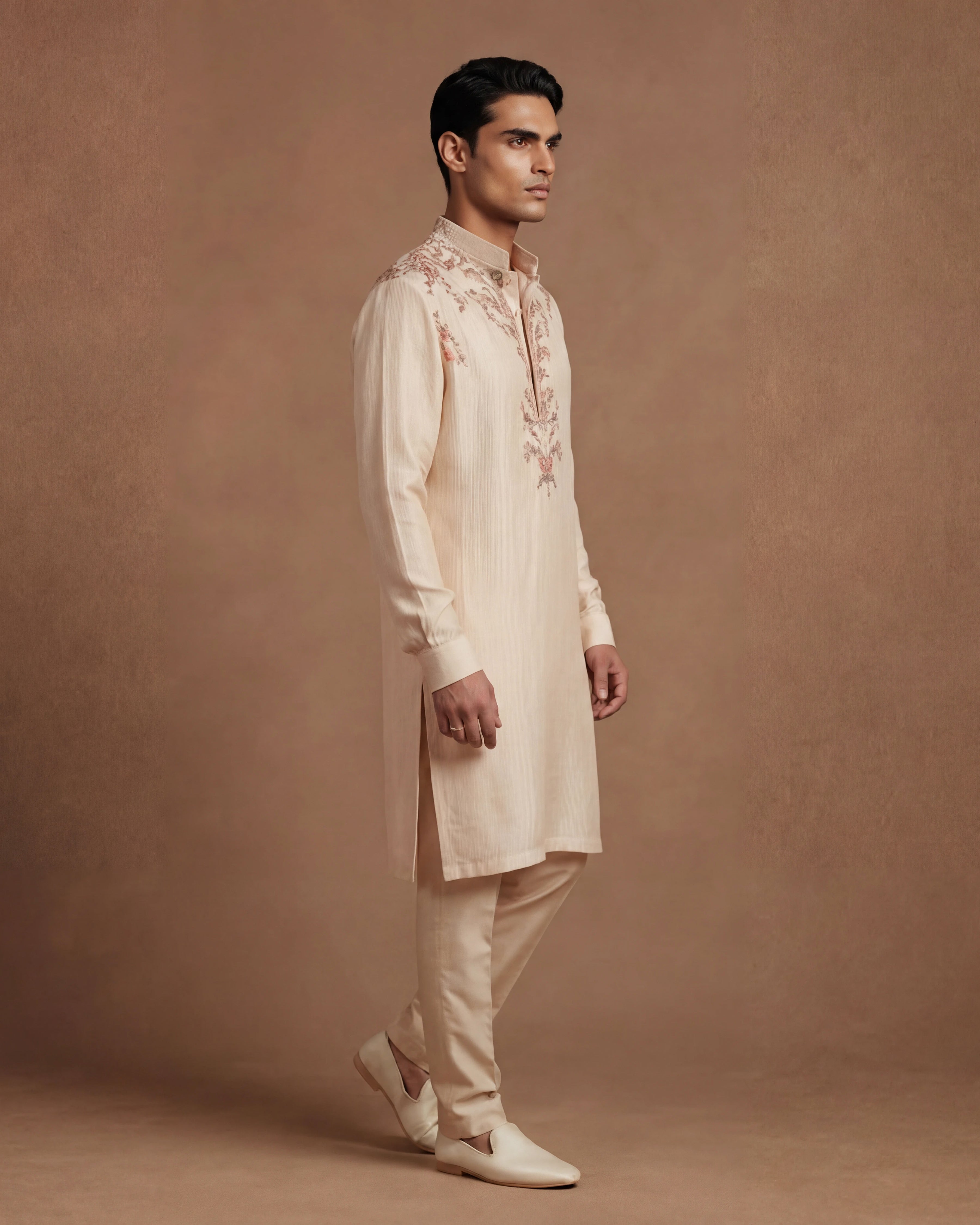 Ivory Pintuck & Pearl Kashidakari Silk Kurta Set