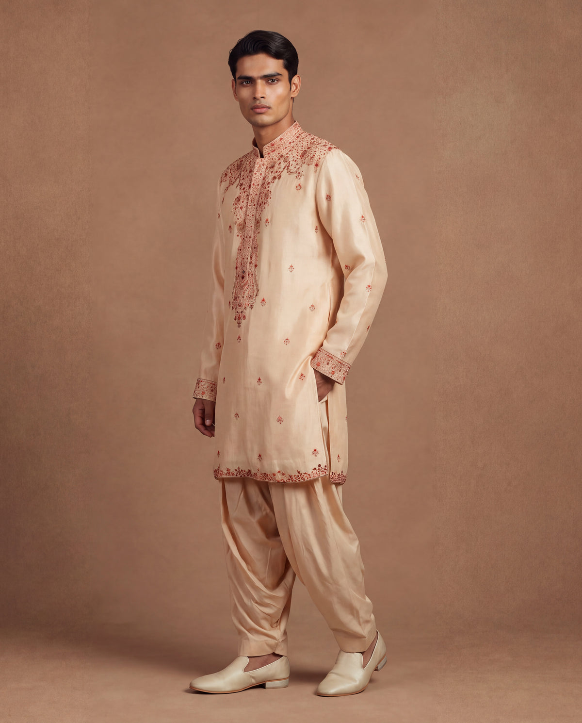 Bisque Kashidakari Silk Kurta & Salwar Set