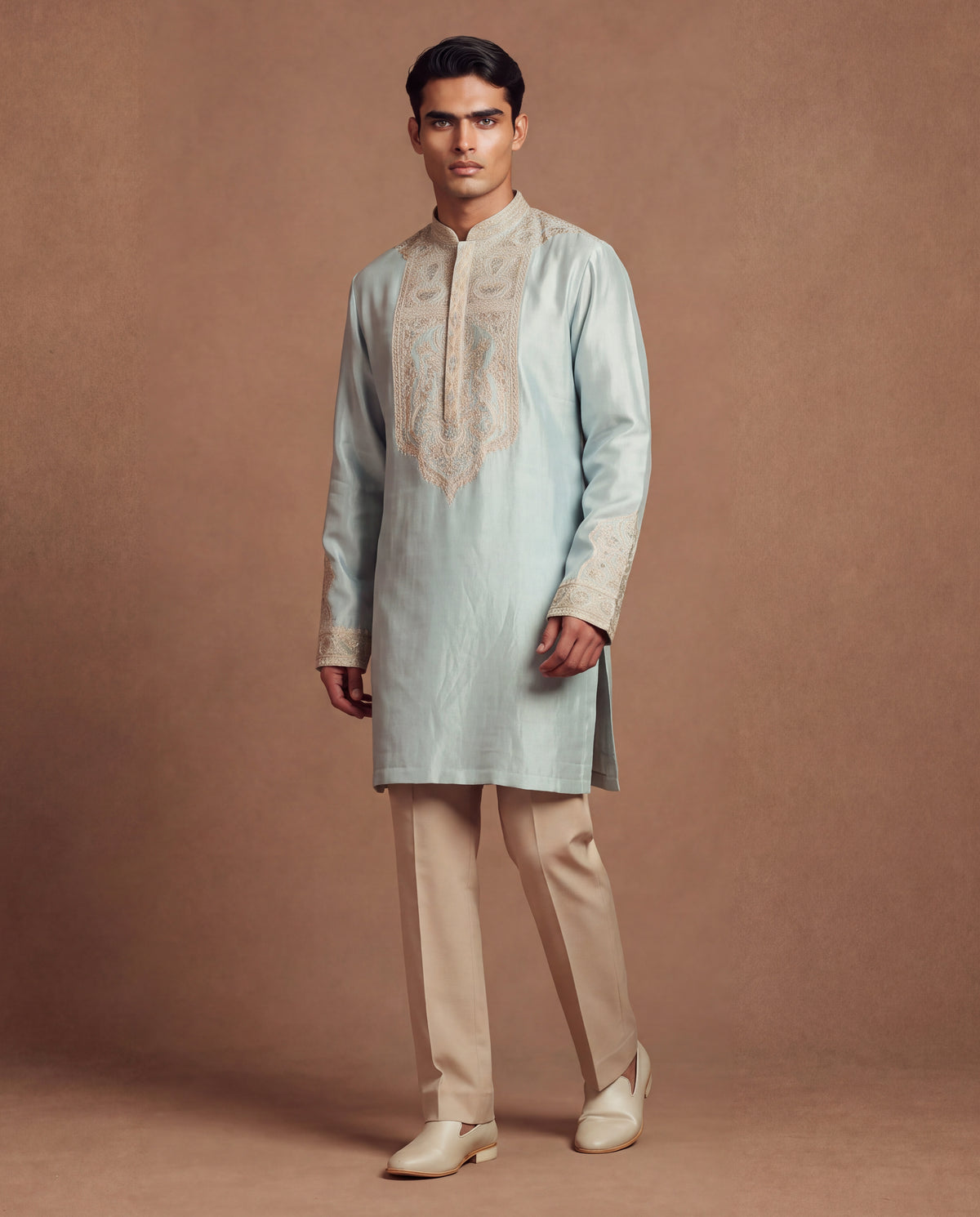 Cerulean Embroidered Silk Kurta & Pant Set