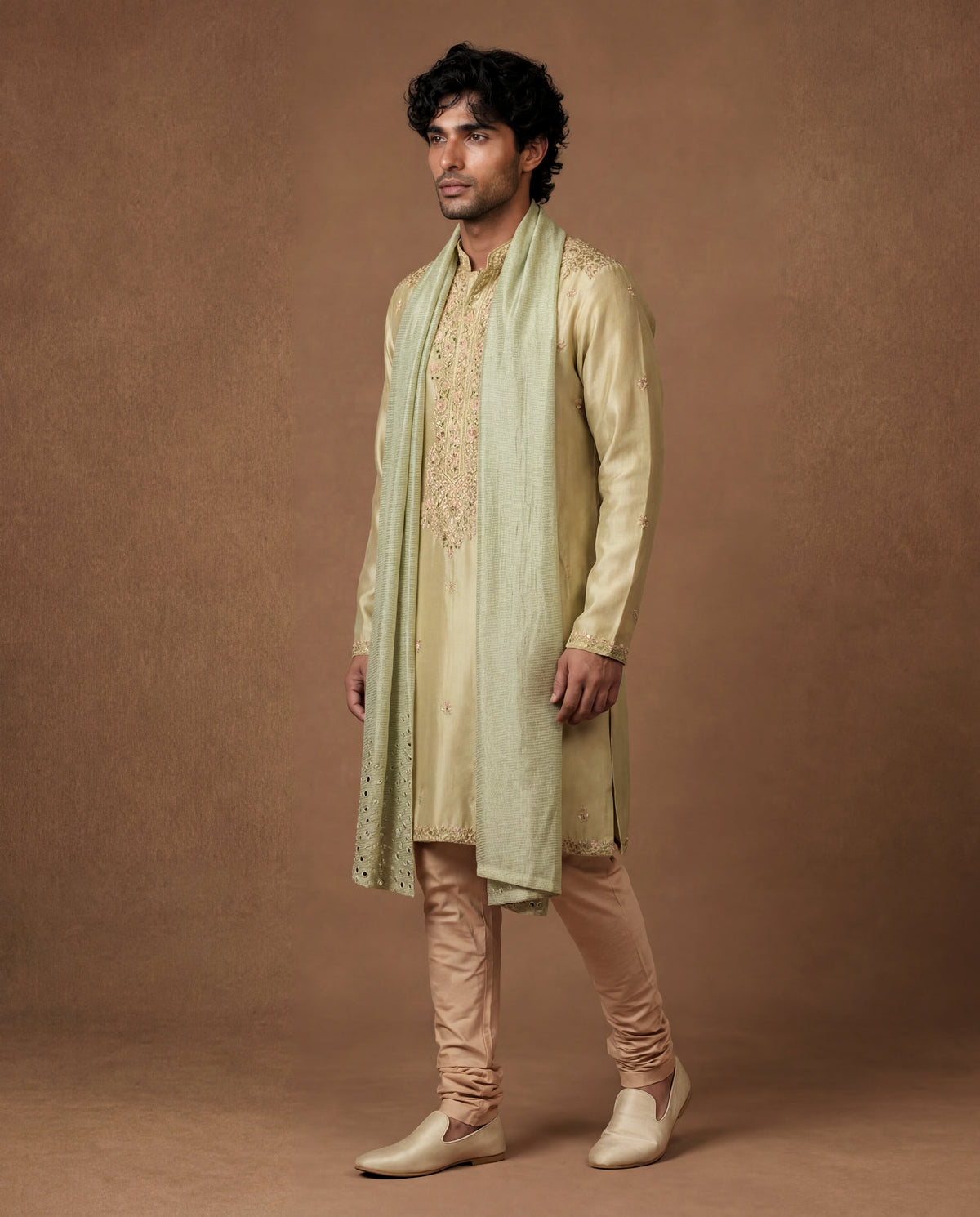 Mint Kashidakari Silk Kurta Set with Stole