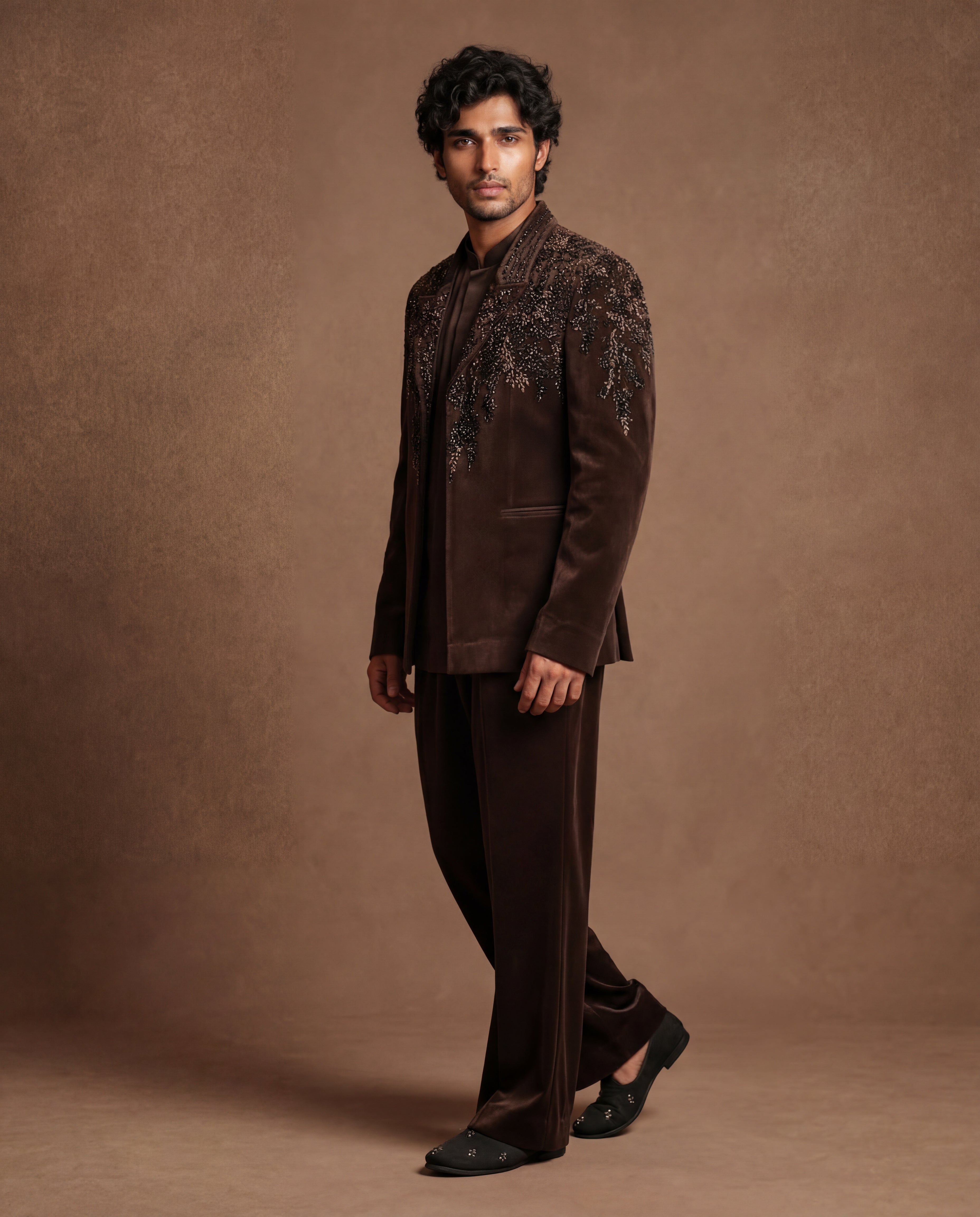 Mocha Topaz Open Jacket, Shirt & Pant Set