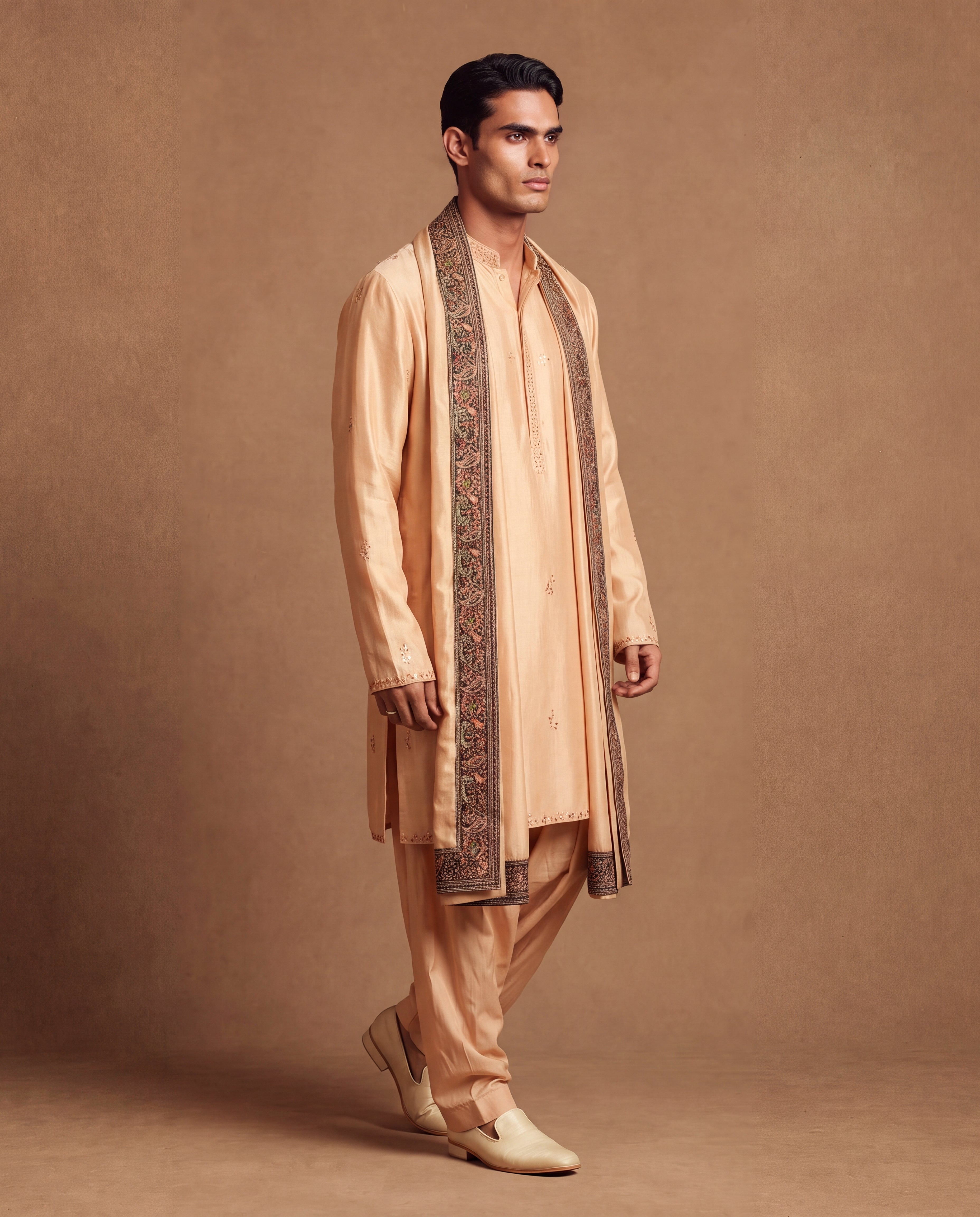 Beige Hand Embroidered Silk Kurta Set