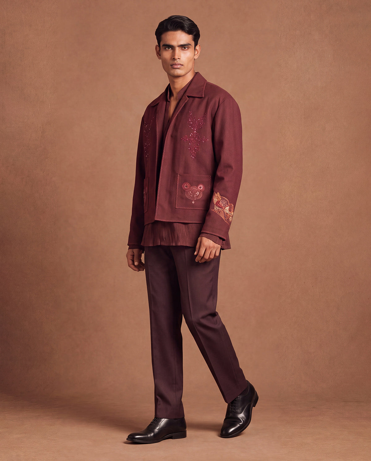 Burgundy Noir Open Jacket, Shirt & Pant Set