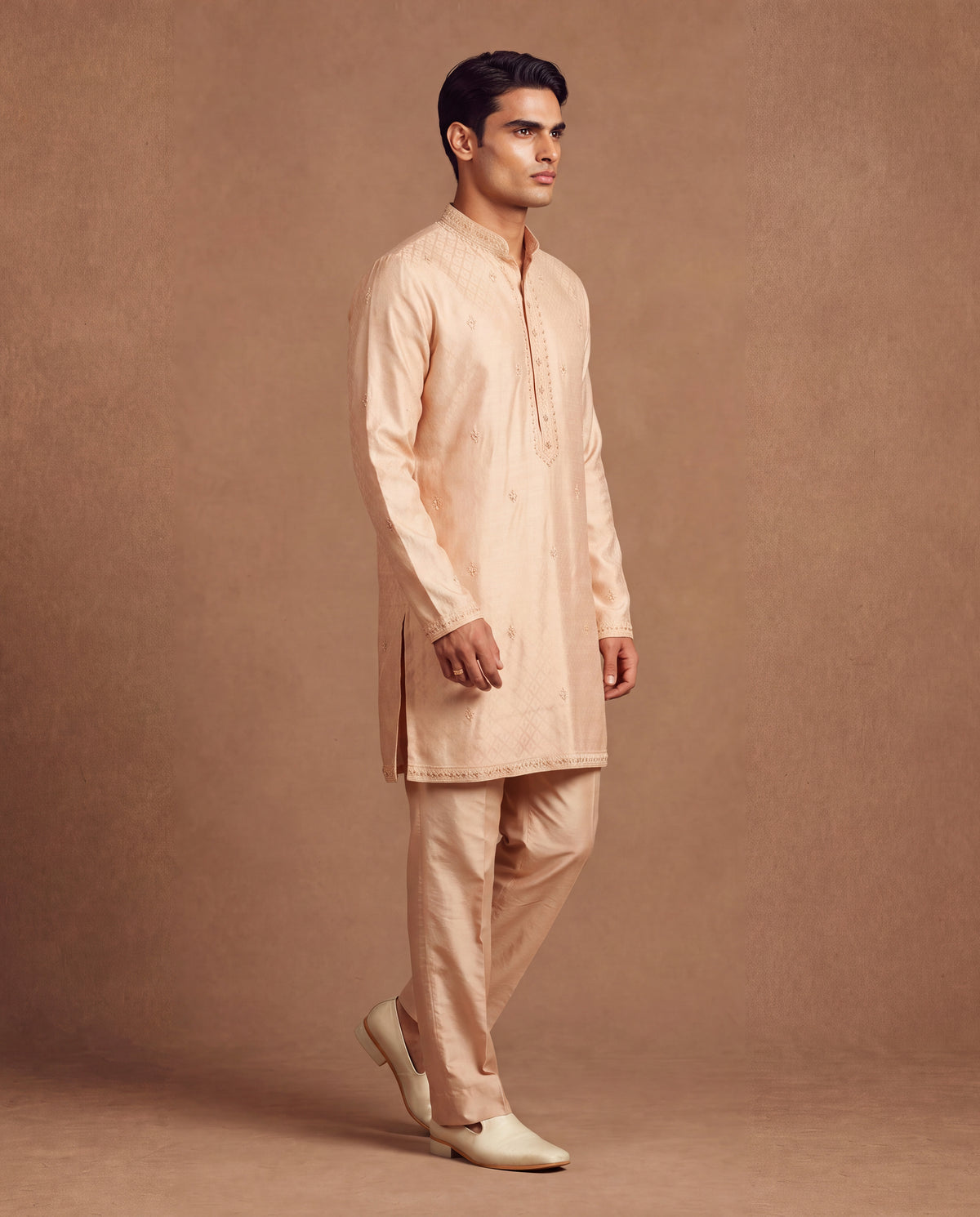 Beige Kashidakari Silk Kurta Set
