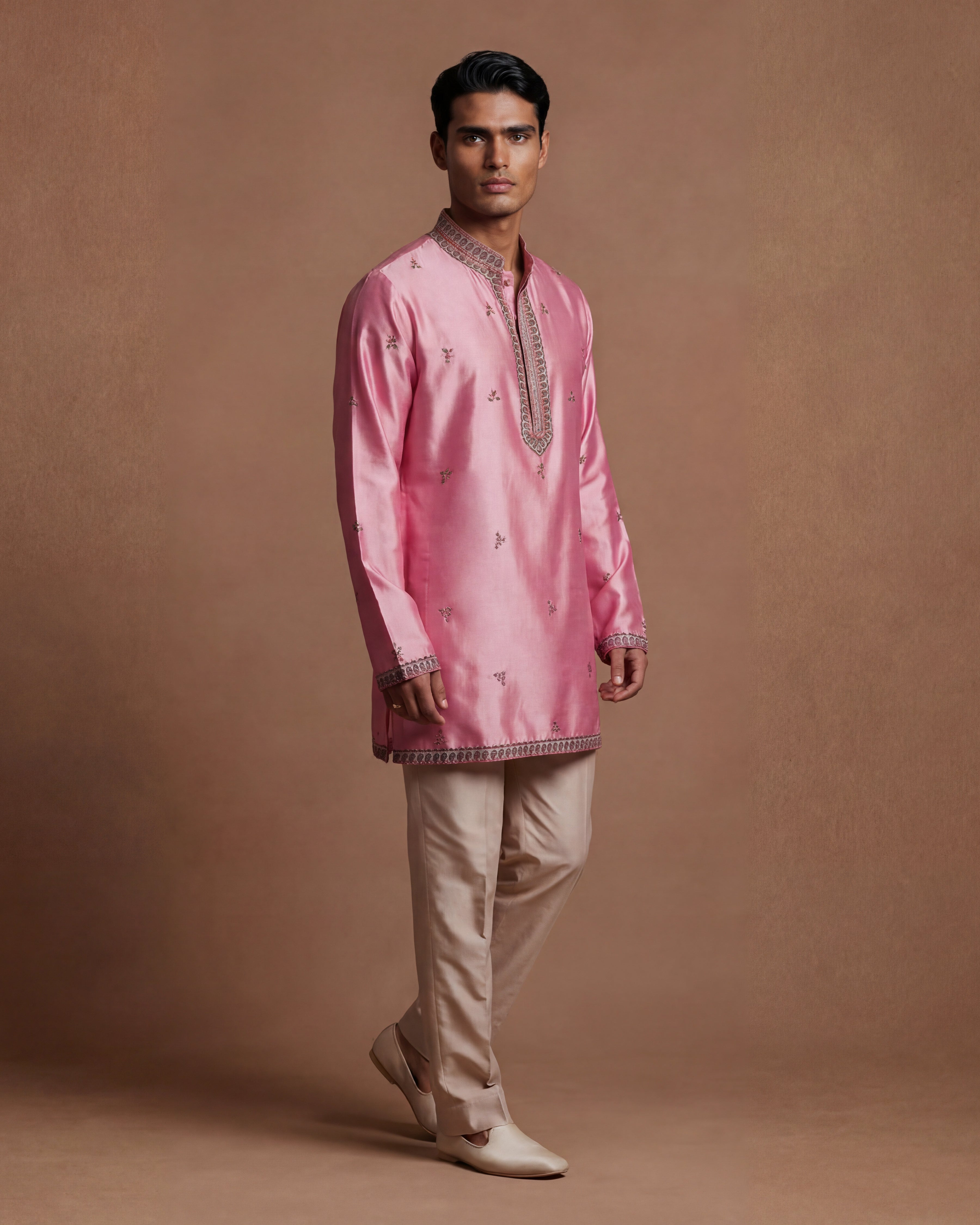 Pink Kashidakari Silk Kurta & Trouser Set