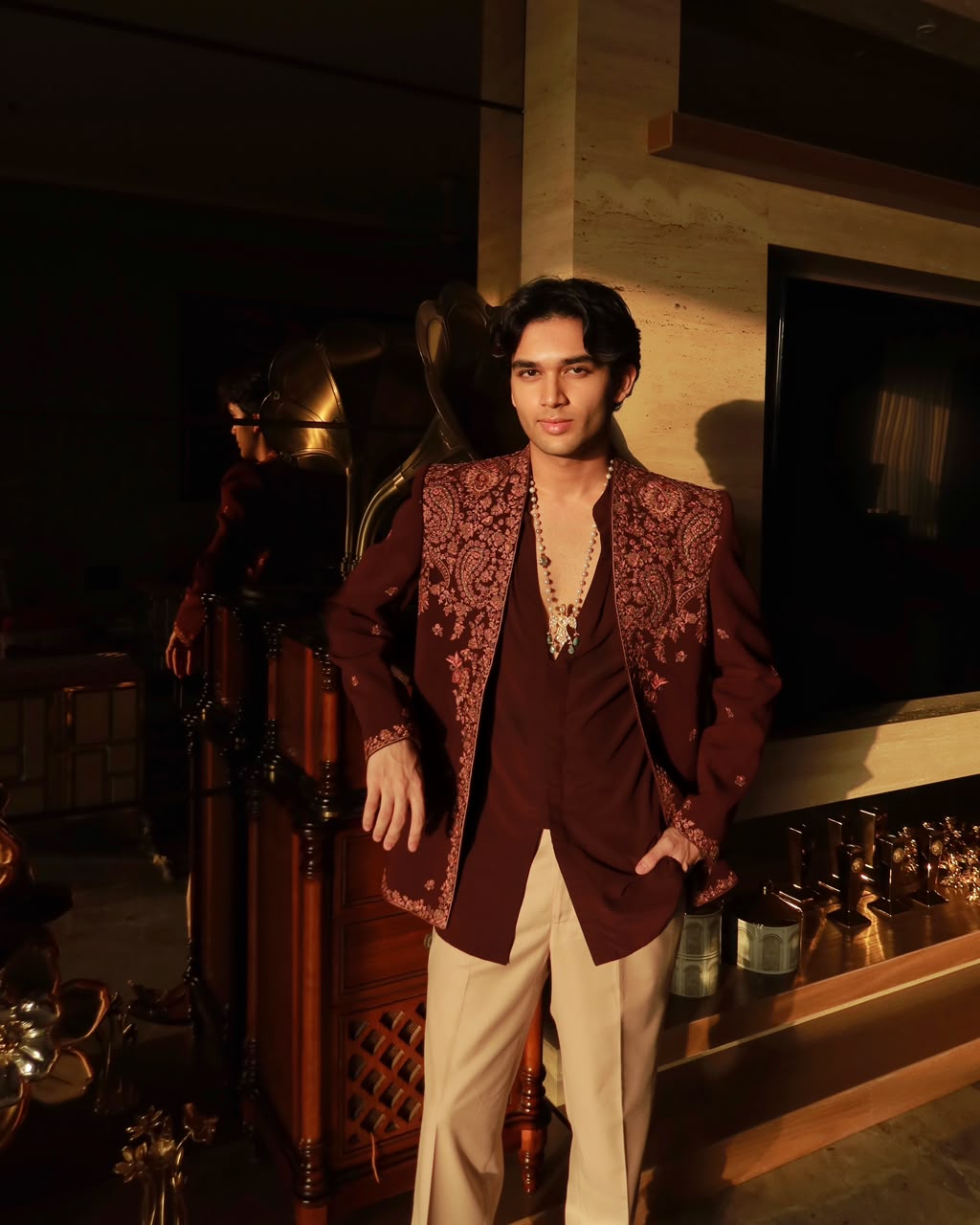 Shrey Singh in Royal Kashida  Open Jacket Set