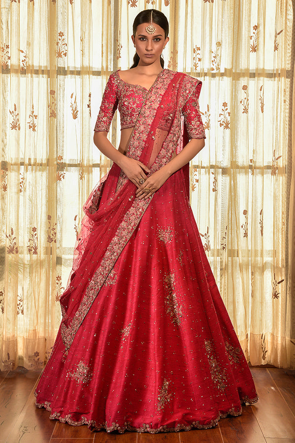 "RED WOOD" RAW SILK LEHENGA SET WITH TILLA BORDER