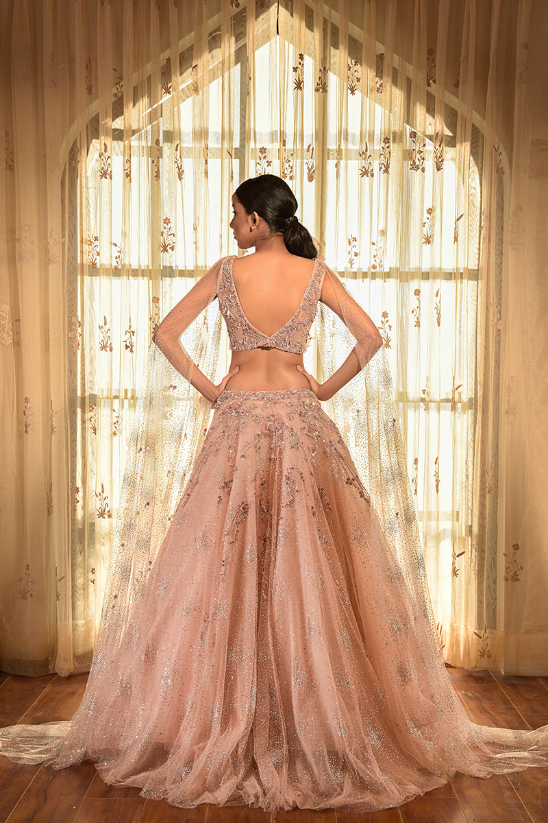 "Sea Shell" Tulle Lehenga Set With Extended Sleeves.