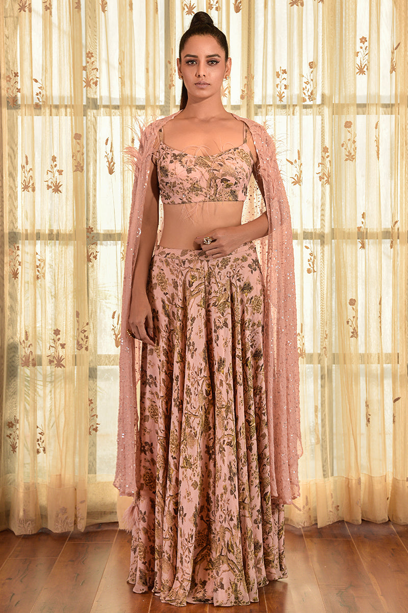 "Fiona" Printed Chiffon Sharara Set With Cape