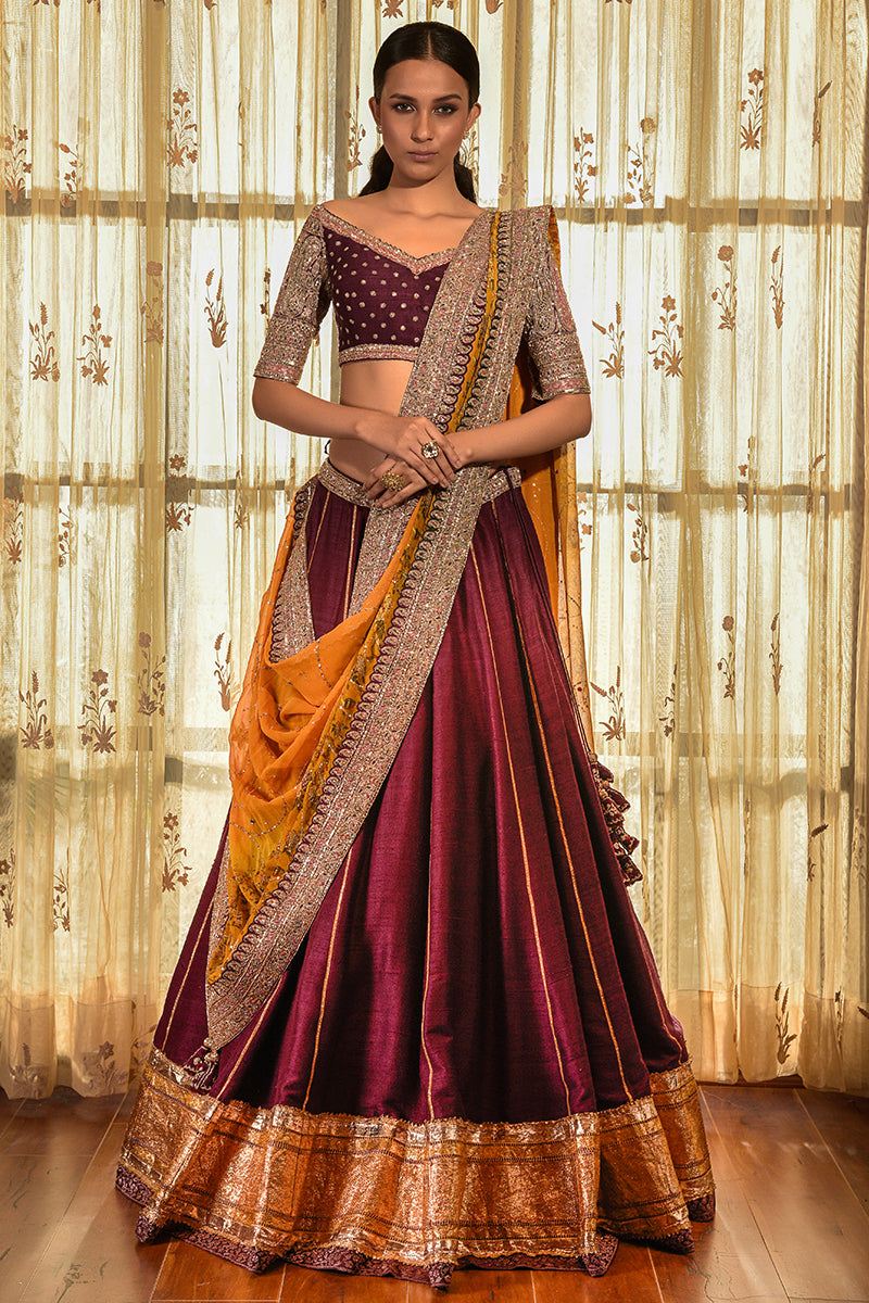 "Ripe Plum" Raw Silk Lehenga With Tilla Work