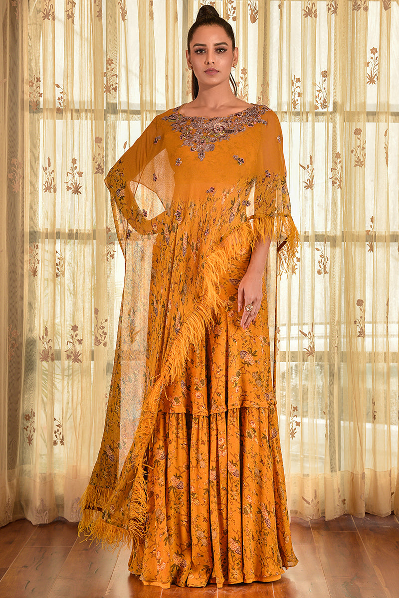 "Alaina" Printed Chiffon Sharara Set With Cape