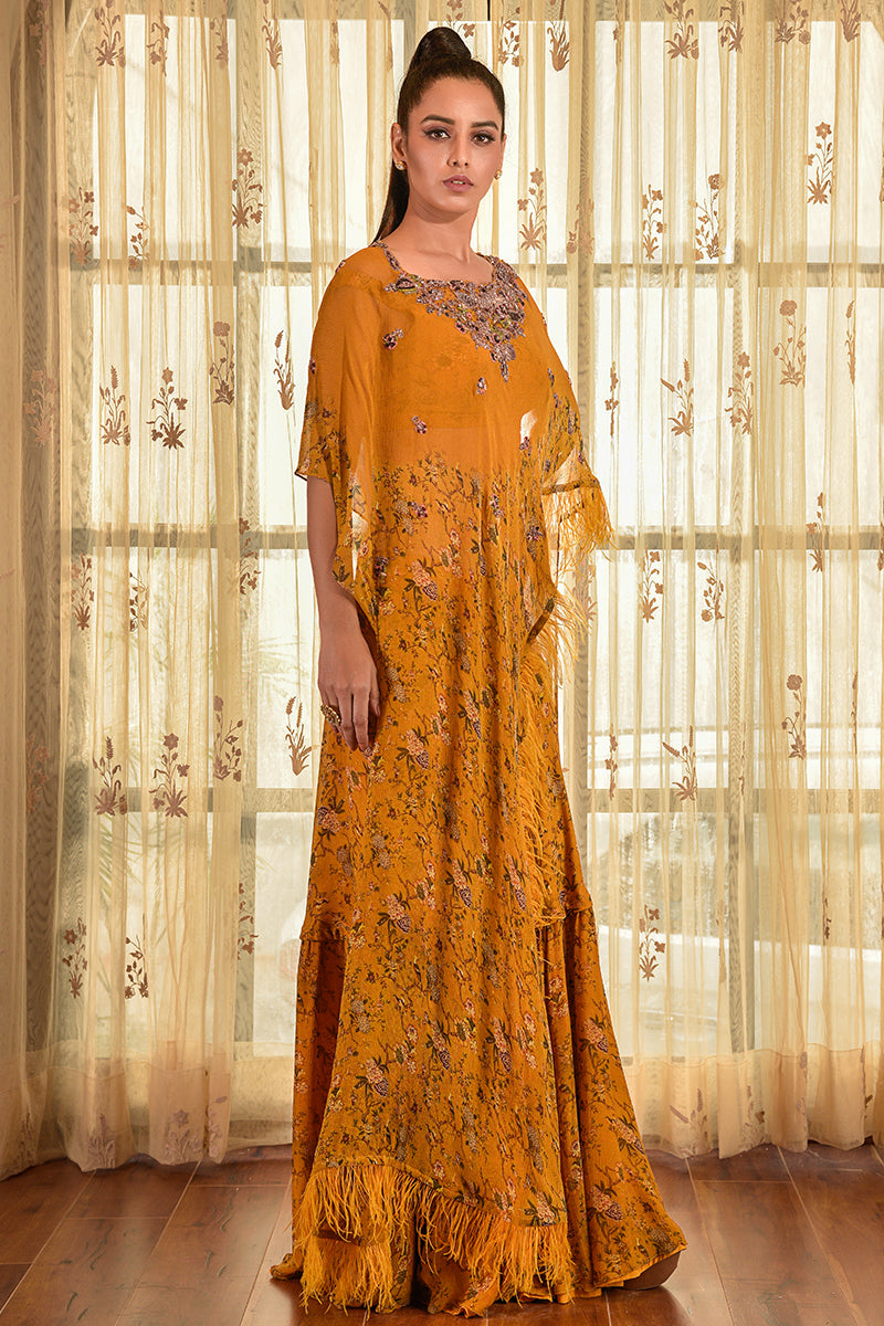 "Alaina" Printed Chiffon Sharara Set With Cape