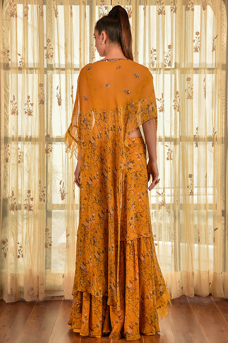 "Alaina" Printed Chiffon Sharara Set With Cape