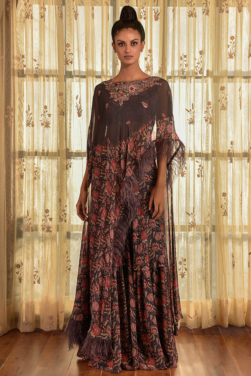 "Wisteria" Chiffon Printed Sharara With Cape