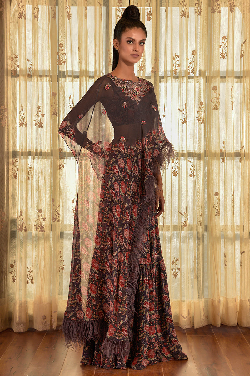 "Wisteria" Chiffon Printed Sharara With Cape