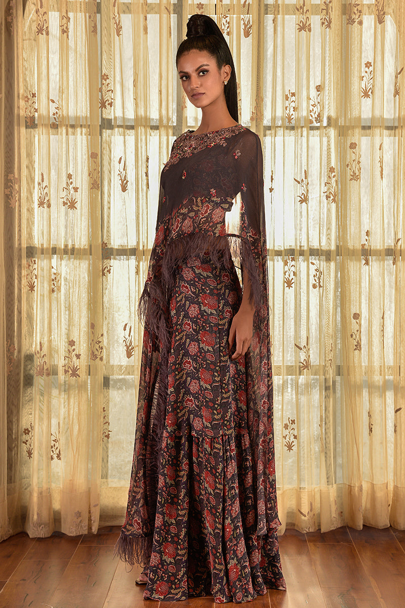 "Wisteria" Chiffon Printed Sharara With Cape