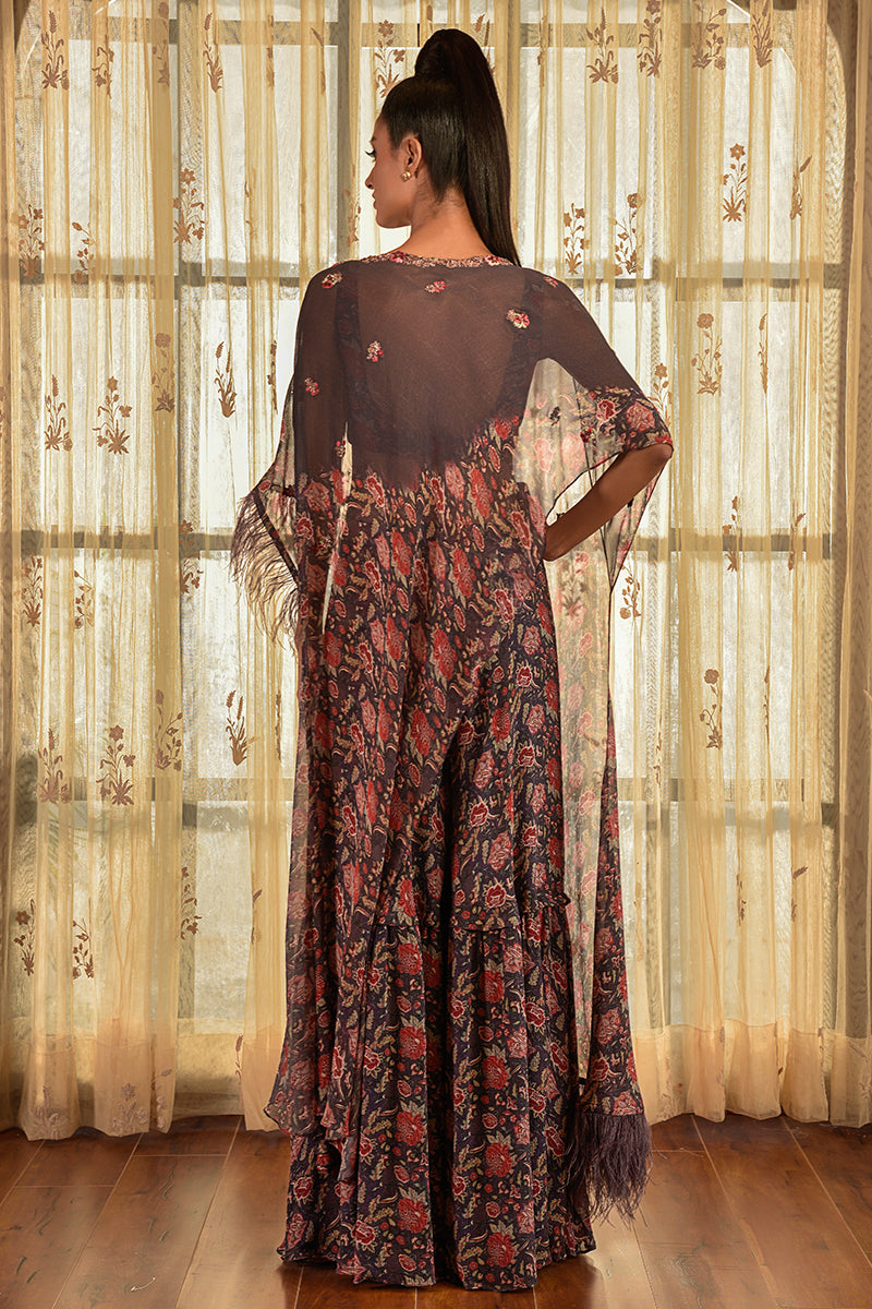 "Wisteria" Chiffon Printed Sharara With Cape