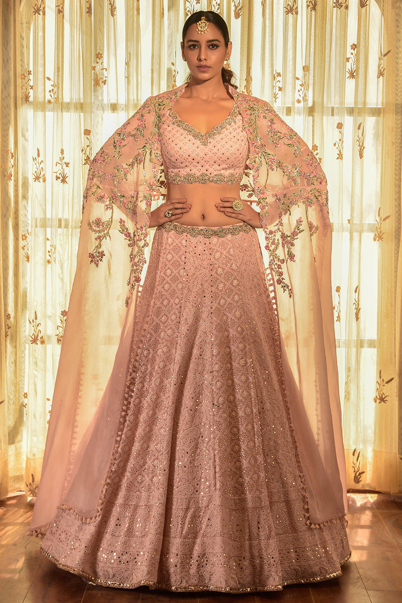 "Apricot" Georgette Chikankari Lehenga With An Embellished Cape