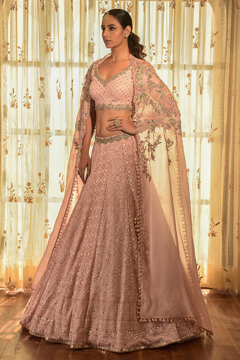 "Apricot" Georgette Chikankari Lehenga With An Embellished Cape