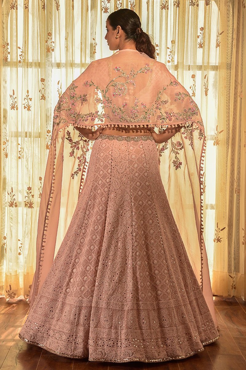 "Apricot" Georgette Chikankari Lehenga With An Embellished Cape