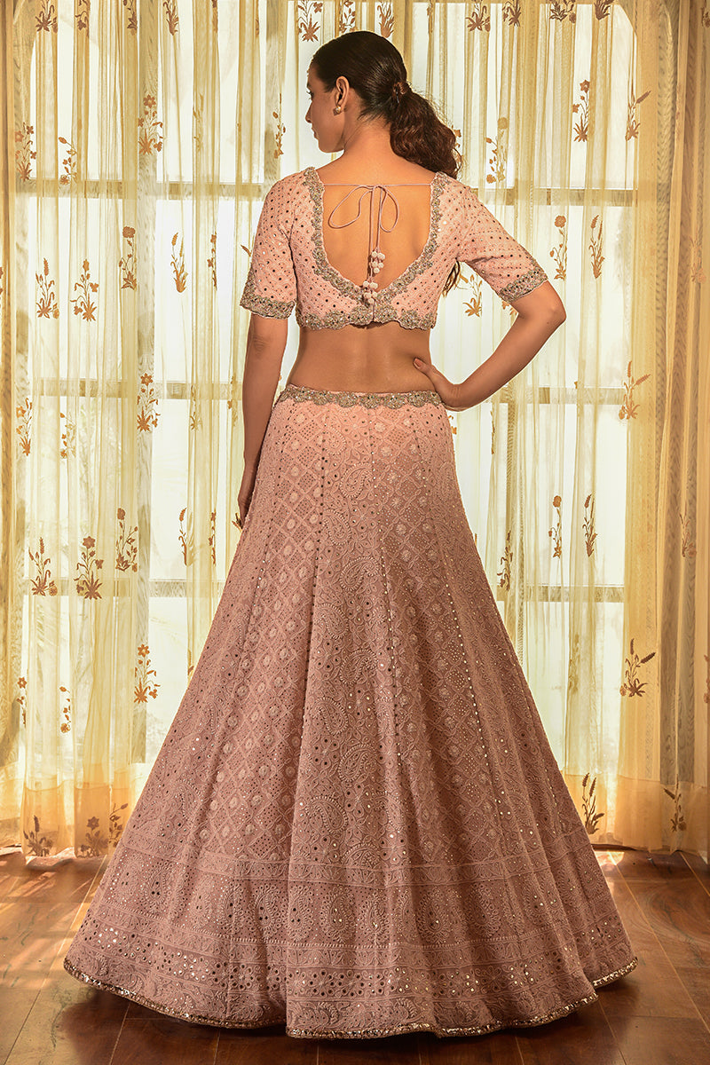 "Apricot" Georgette Chikankari Lehenga With An Embellished Cape