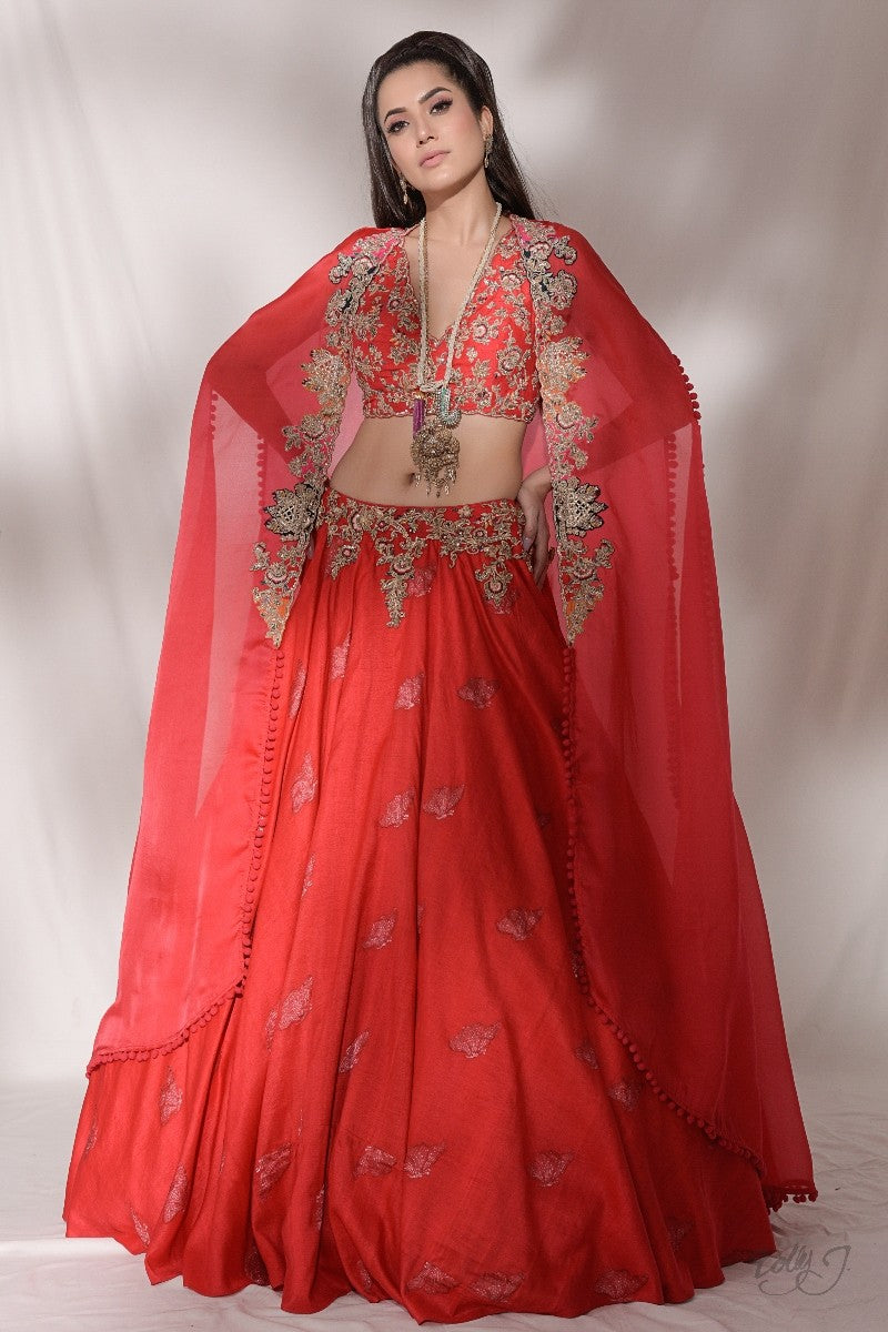 "Milenna" Hand Woven Silk Lehenga With Embroidered Organza Cape