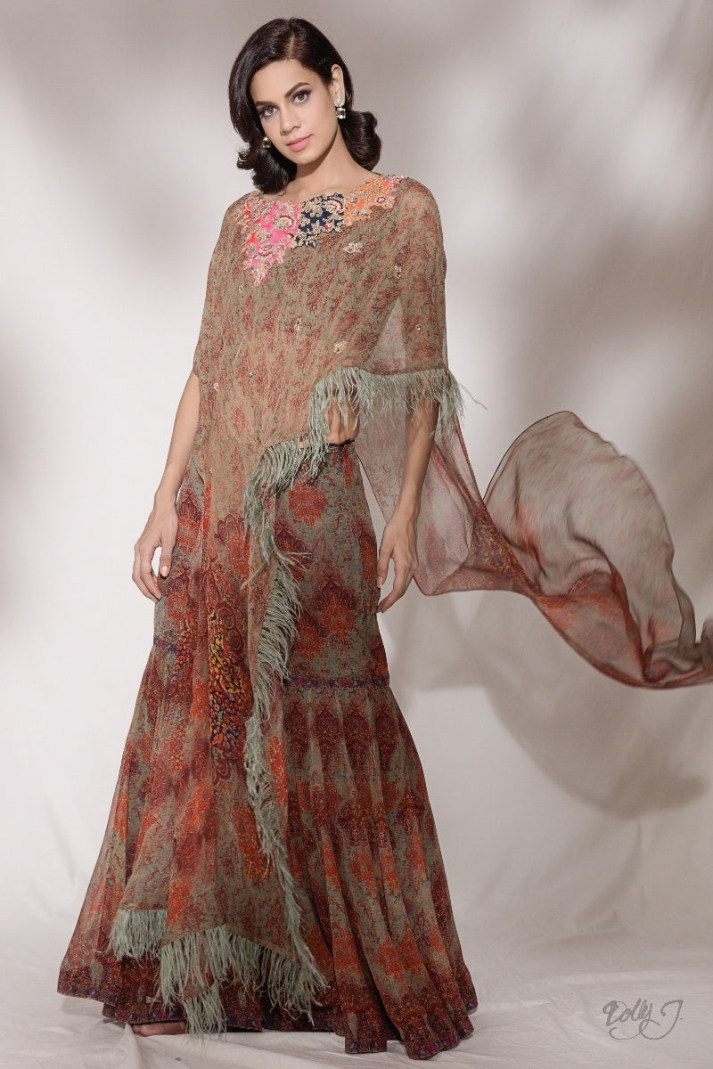 "Janette" Printed Chiffon Cape And Sharara Set