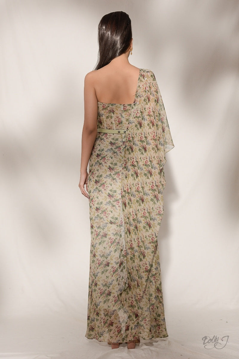 "Moanna" Printed Chiffon Draped Gown