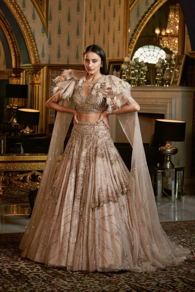 "Elvera" Shimmer Tulle Gold Lehenga Set