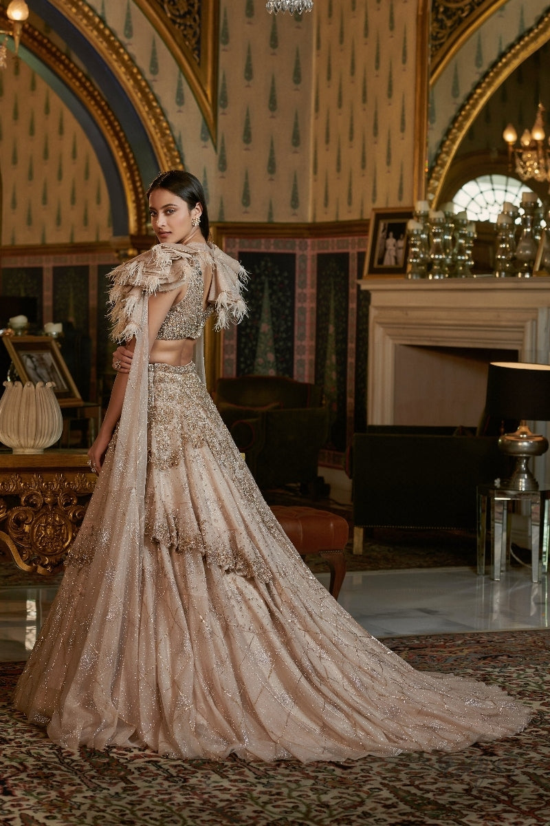 "Elvera" Shimmer Tulle Gold Lehenga Set