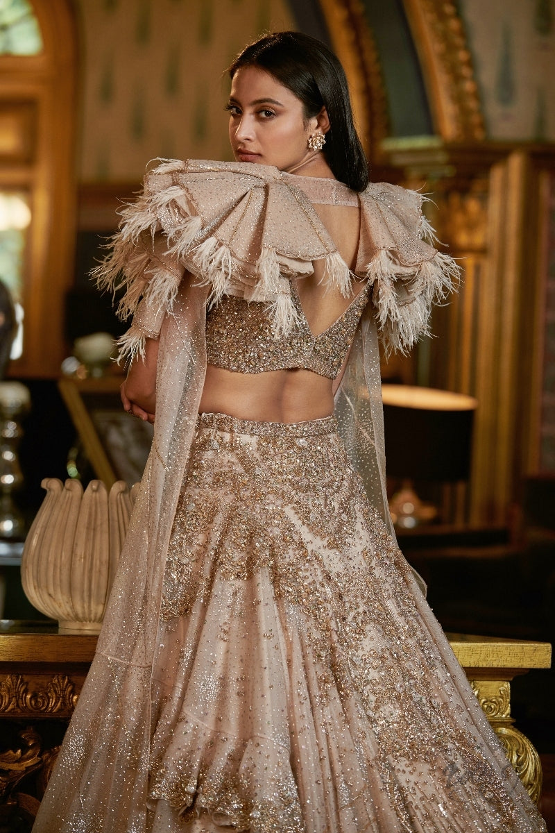 "Elvera" Shimmer Tulle Gold Lehenga Set