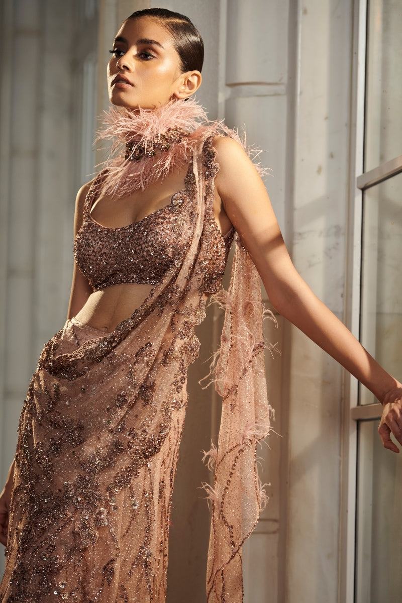 "Pearlette" Salmon Pink Bridal Shimmer Tulle Drape Sari