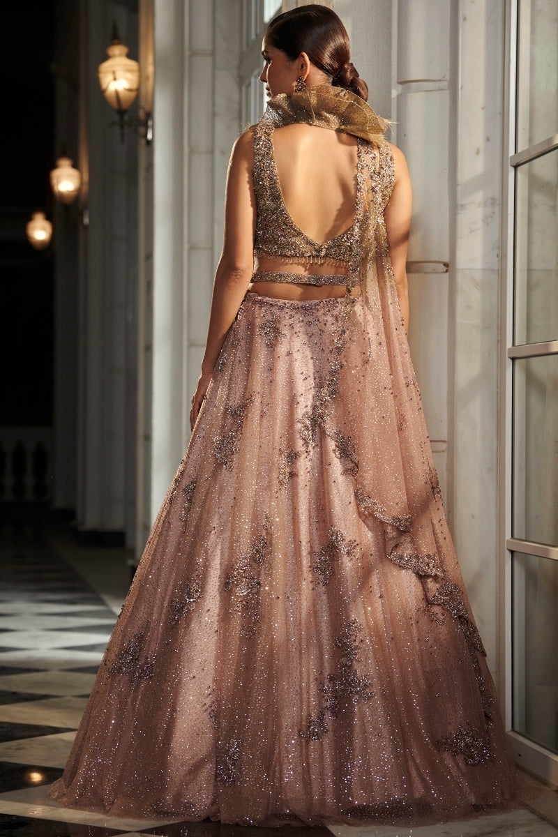 "Seonna" Pale Peach And A Jade Green Ombre Shimmer Tulle Lehenga Set