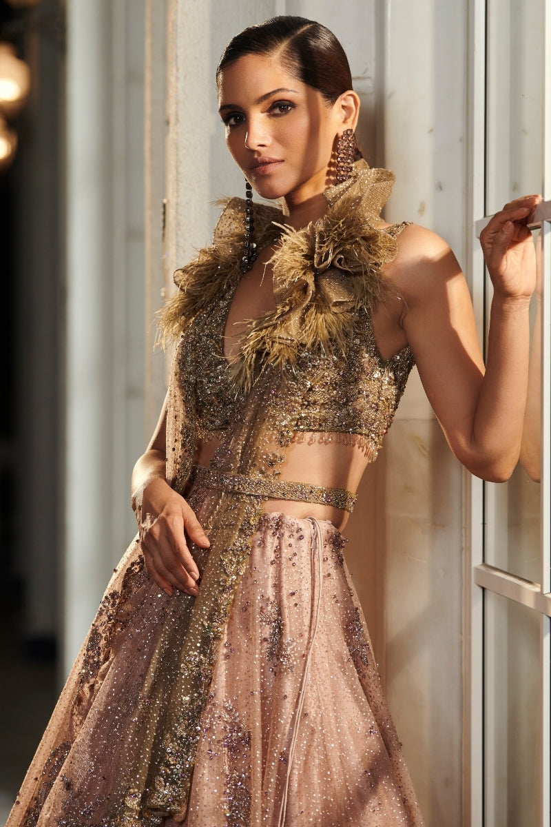 "Seonna" Pale Peach And A Jade Green Ombre Shimmer Tulle Lehenga Set