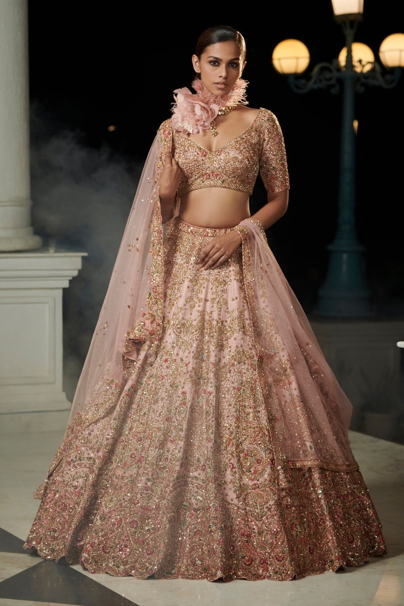 "Roseate" Blush Peach Raw Silk Bridal Lehenga Set