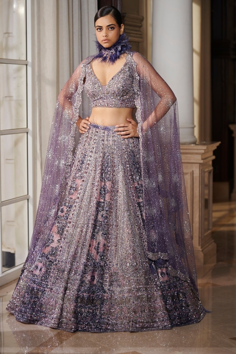 "Soft Humor" Berry Blue Shimmer Tulle Bridal Lehenga Set